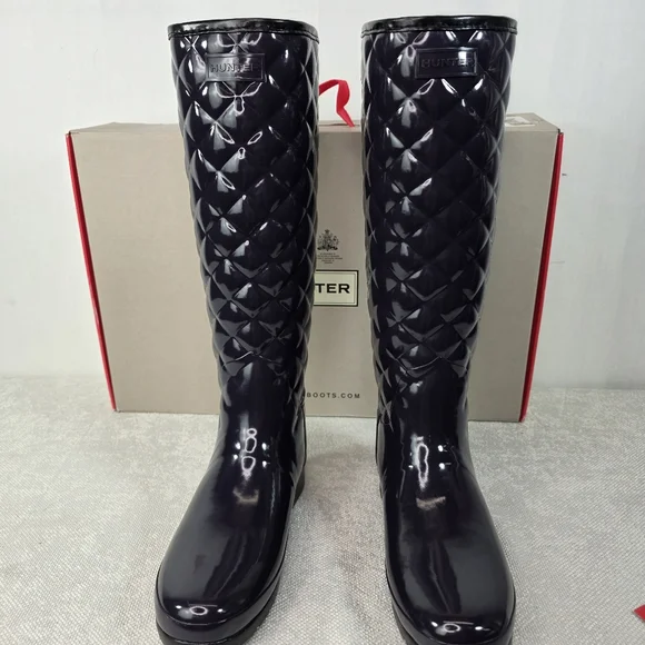 Hunter Refined Gloss Quilt Tall Rain Boots Aubergine Purple Size 8 - Picture 3 of 11